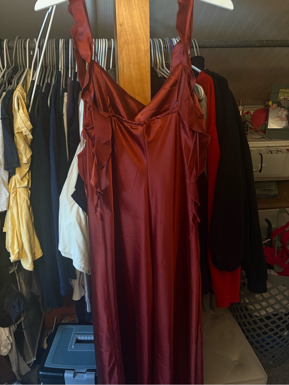 Sincerely Jules Satin Ruffle Strap Maxi Dress in Burgundy